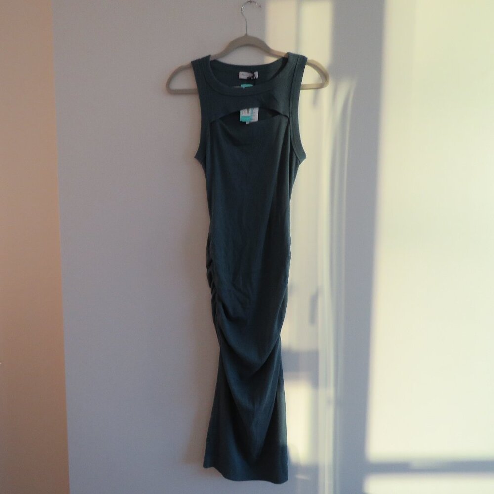 MICHAEL STARS Lucinda Ultra Rib Ribbed Bodycon Ruched Midi Dress Pebble Medium - Picture 3 of 13
